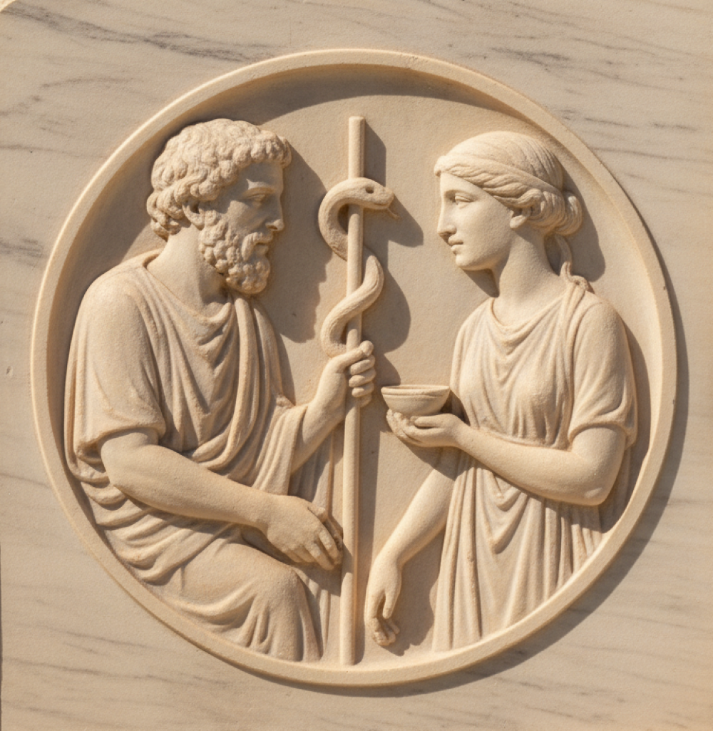 Relief z mężczyzną trzymającym laskę z wężem i kobietą podającą mu czarę.