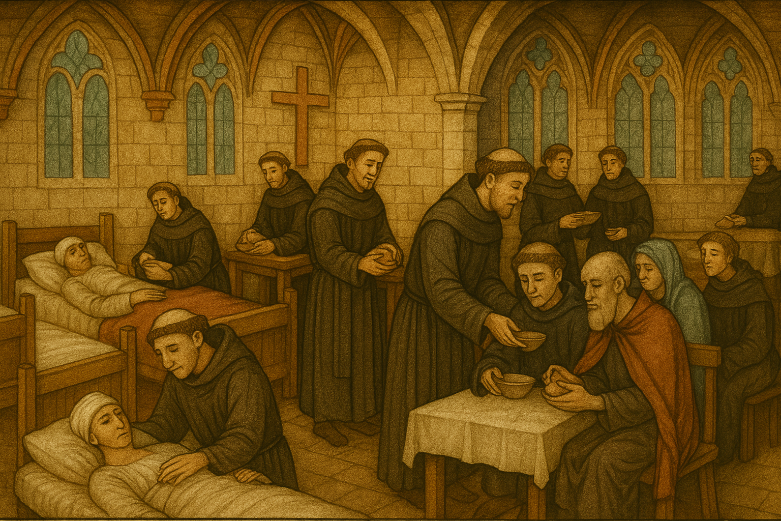 Zakonnicy karmią biednych i opiekują się chorymi.