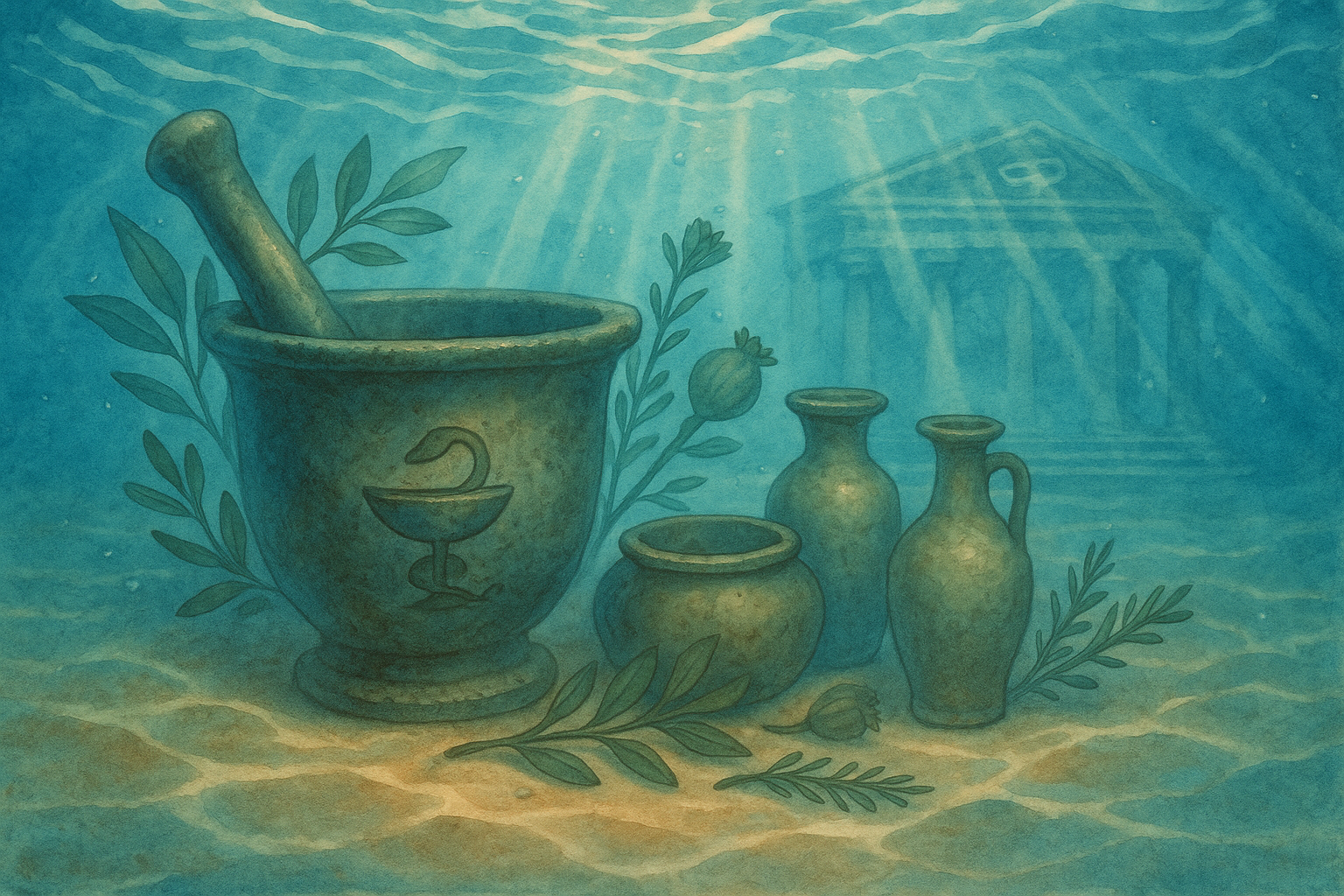 Moździerz z misą i wężem oraz starożytne naczynia i zioła pod wodą, w tle świątynia Asklepiosa.