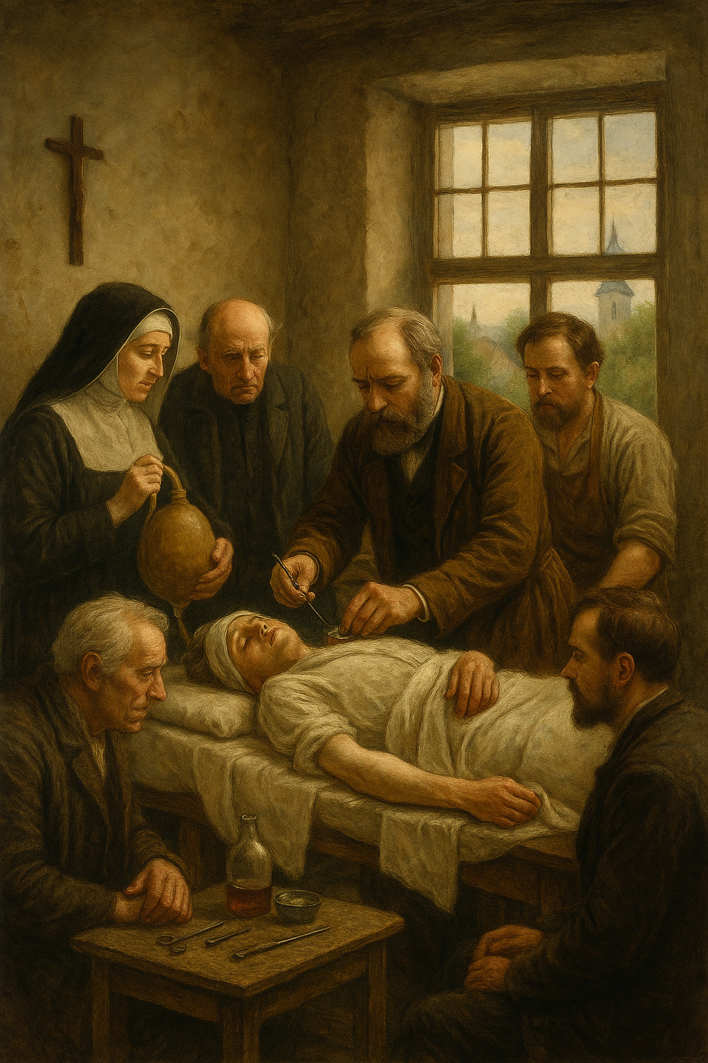 Kobieta leży na stole operacyjnym, trwa amputacja ręki w znieczuleniu eterowym, wokół lekarze w długich surdutach i świadkowie, w tle proste narzędzia chirurgiczne i butla z eterem.