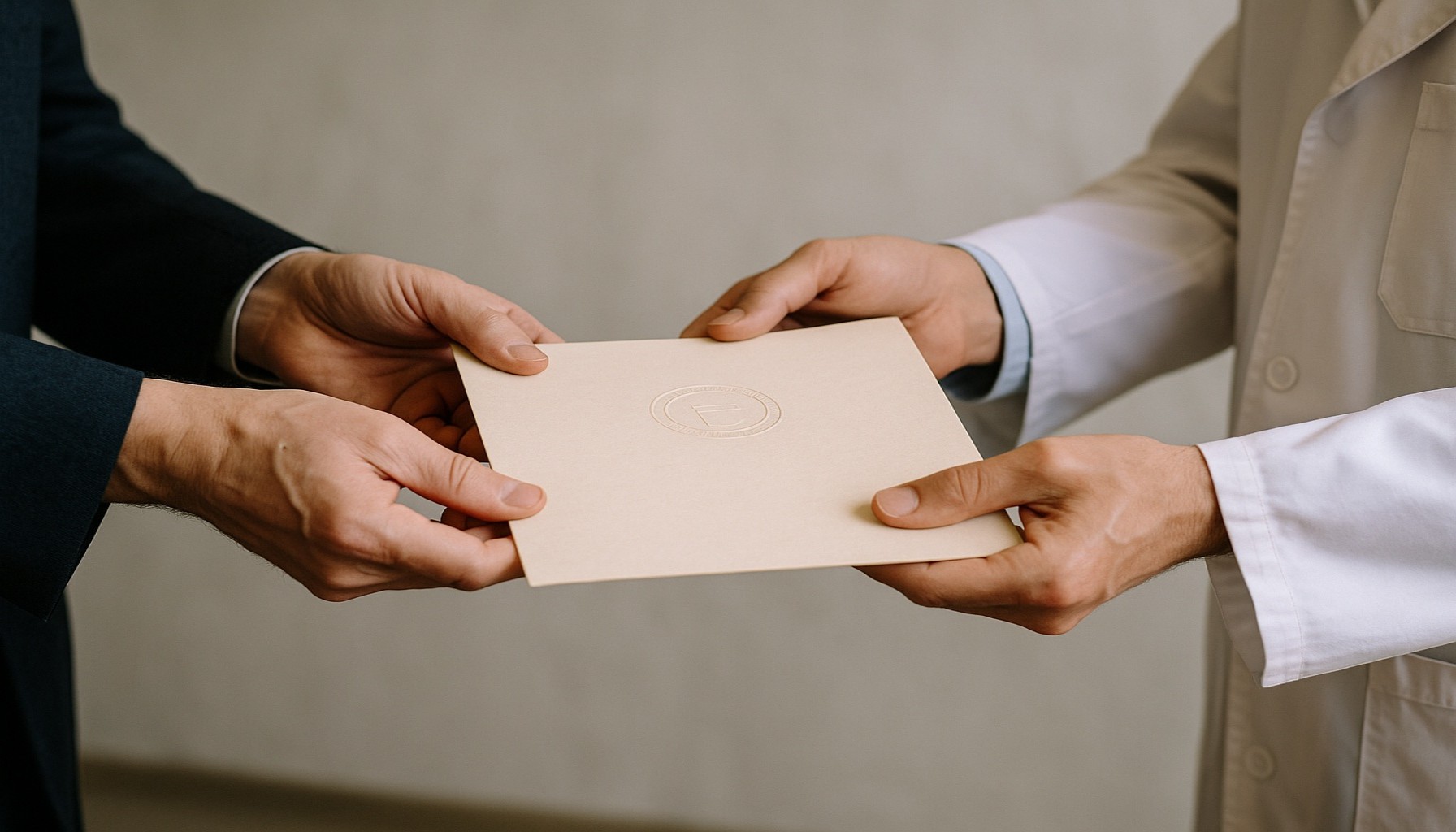Dwie osoby przekazują sobie dokument, trzymając go oburącz.