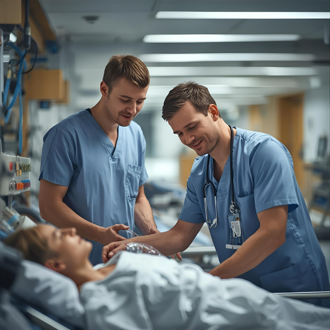 Dwóch pielęgniarzy w niebieskich uniformach medycznych pochyla się nad pacjentką leżącą w łóżku szpitalnym, udzielając jej pomocy.