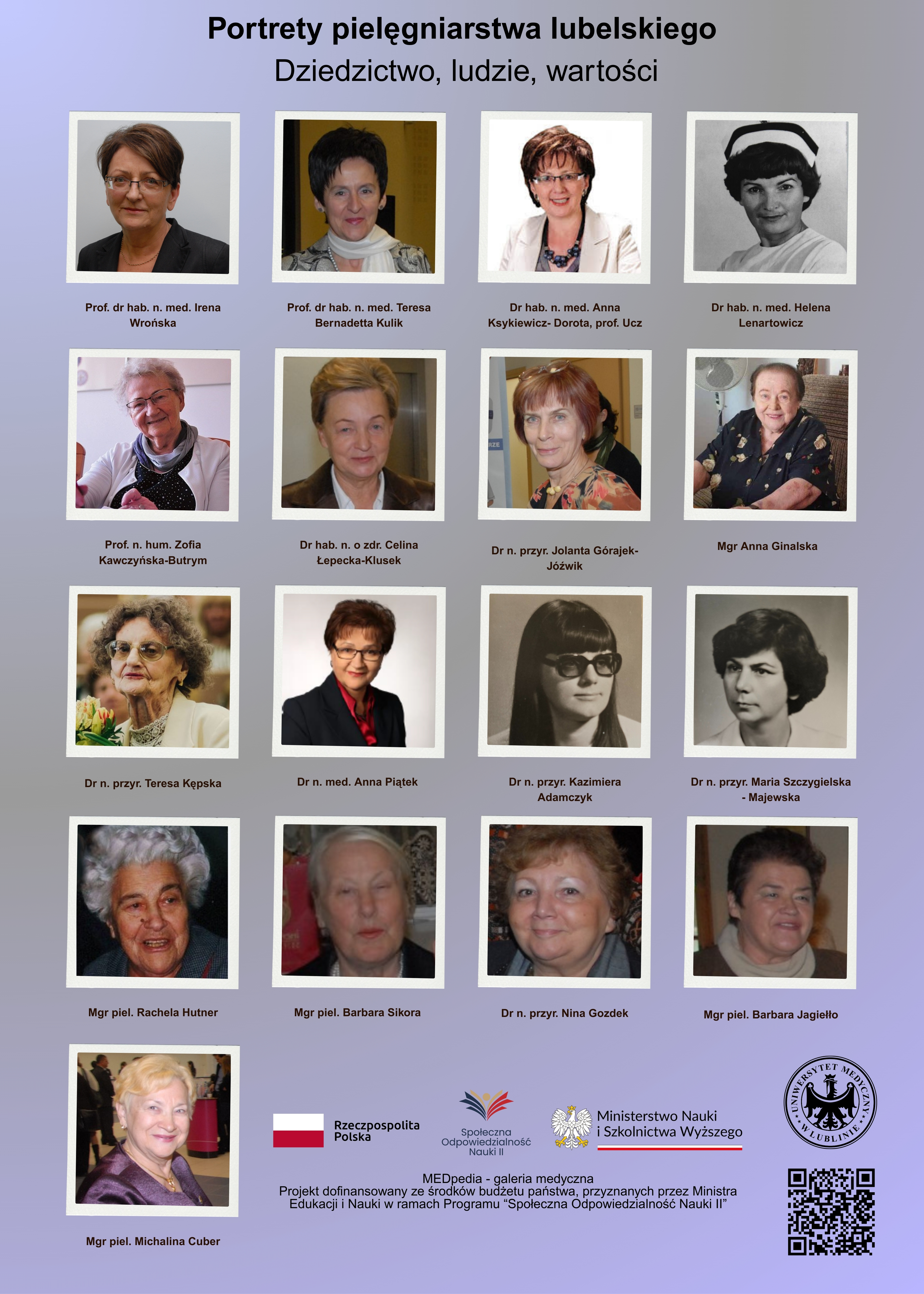 Plansza przedstawia zdjęcia wybitnych postaci związanych z rozwojem pielęgniarstwa w Lublinie – profesorów, doktorów i magistrów pielęgniarstwa oraz nauk medycznych. W dolnej części znajdują się logotypy Ministerstwa Nauki i Szkolnictwa Wyższego, Uniwersytetu Medycznego w Lublinie oraz programu „Społeczna Odpowiedzialność Nauki”.