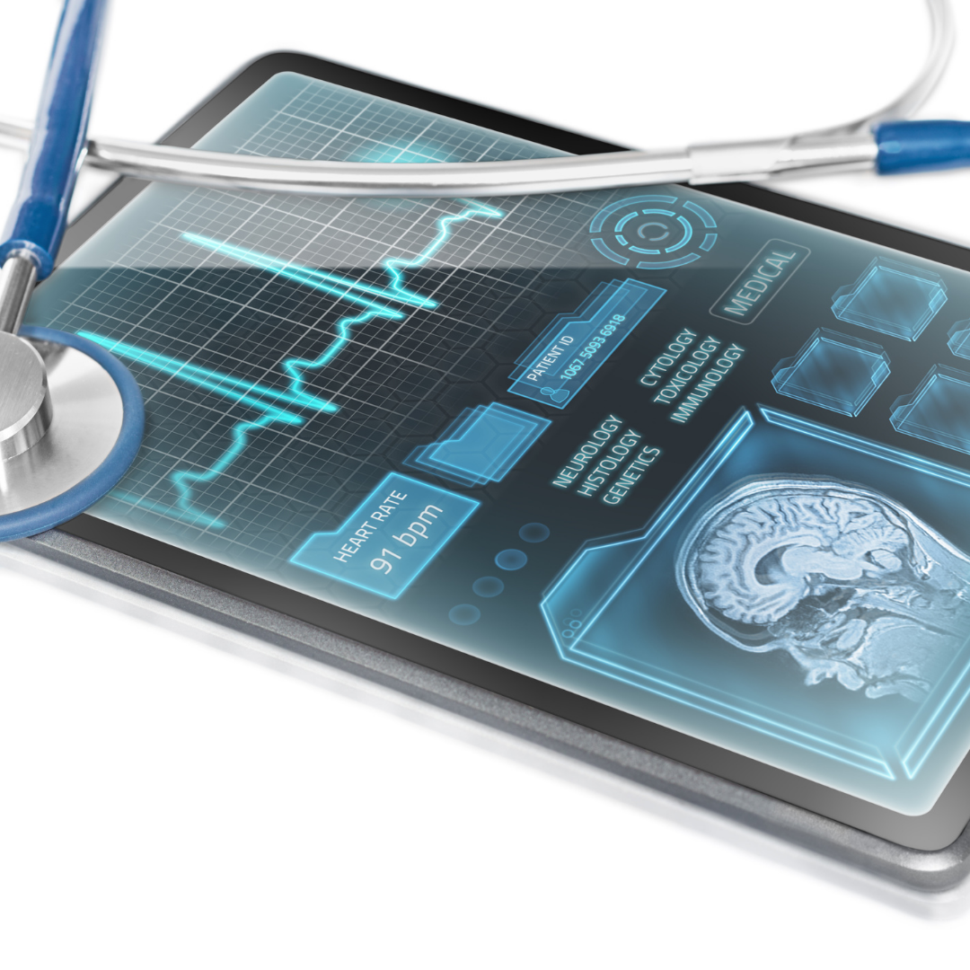 Zbliżenie na tablet wyświetlający cyfrowe dane medyczne – wykres EKG, obraz mózgu oraz panele diagnostyczne. Na urządzeniu leży stetoskop, symbolizując połączenie tradycyjnej opieki zdrowotnej z nowoczesnymi technologiami.