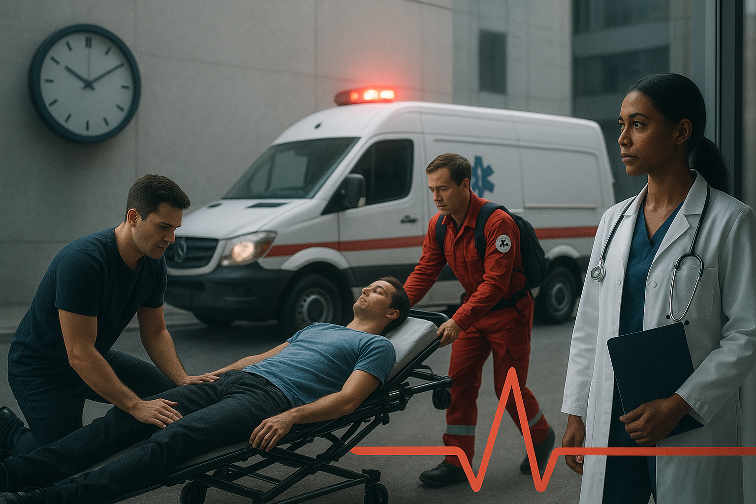 Realistyczna scena ratunkowa przed szpitalem: ratownik i świadek pomagają poszkodowanemu, w tle ambulans z włączonym sygnałem, a lekarka obserwuje akcję. Czerwona linia EKG symbolizuje walkę o życie.