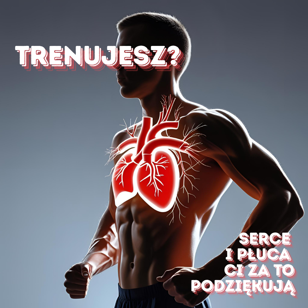 Sylwetka umięśnionego mężczyzny w pozie biegacza, z graficzną ilustracją serca i naczyń krwionośnych na klatce piersiowej. Na grafice widnieje tekst: „Trenujesz? Serce i płuca ci za to podziękują”.