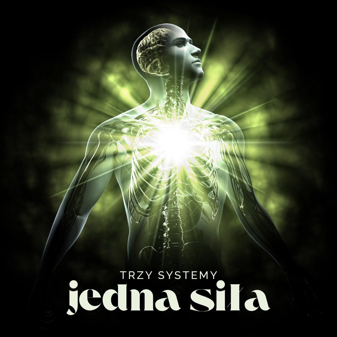 Grafika przedstawia sylwetkę mężczyzny z widocznymi układami: kostnym, nerwowym i krwionośnym. W centrum klatki piersiowej znajduje się intensywne, białe światło symbolizujące energię życiową. W tle zielono-czarna poświata nadaje ilustracji dynamiczny i symboliczny charakter.