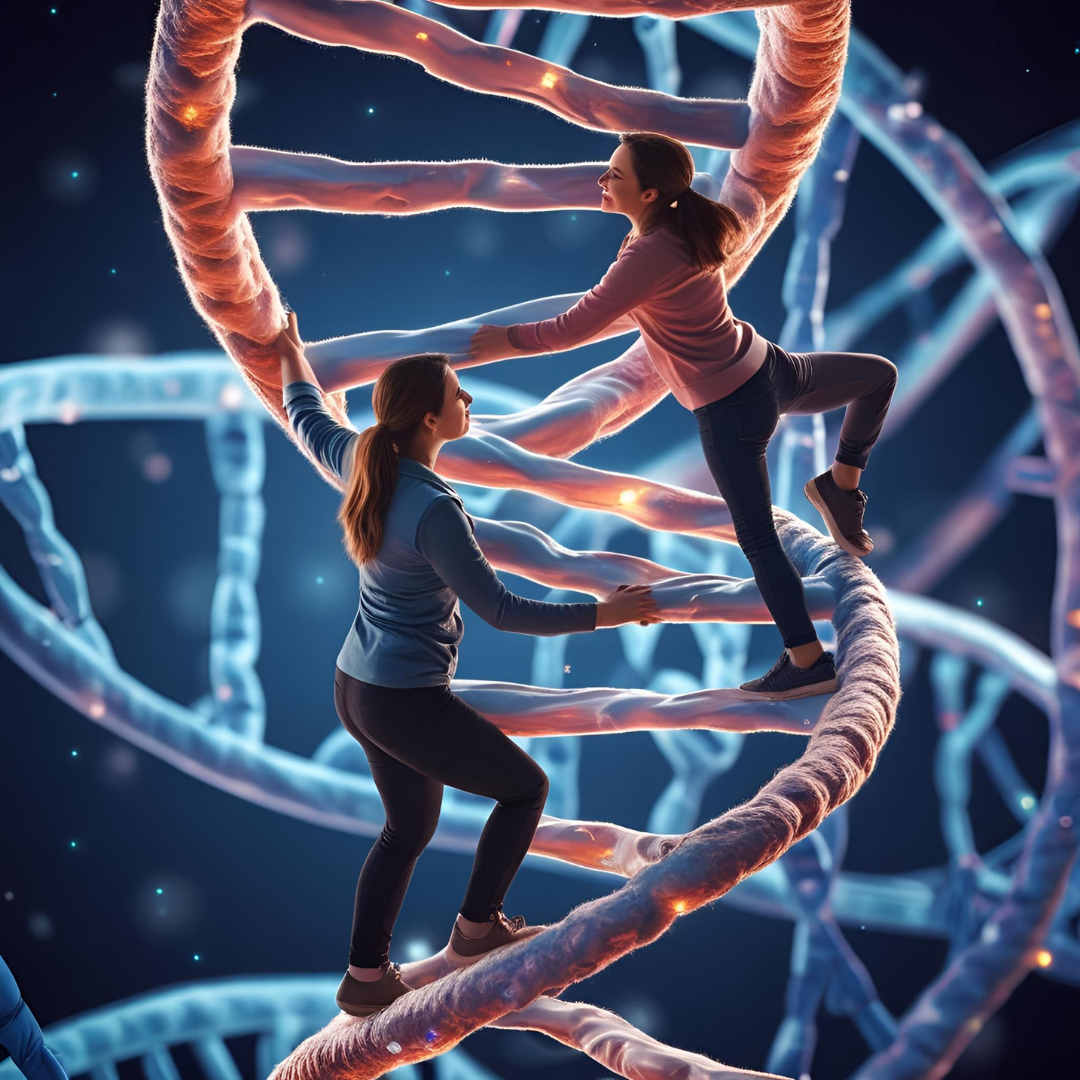 Opis alternatywny: Dwie kobiety wspinają się po ogromnej, trójwymiarowej helisie DNA jak po drabinie, w tle widać kolejne struktury DNA.