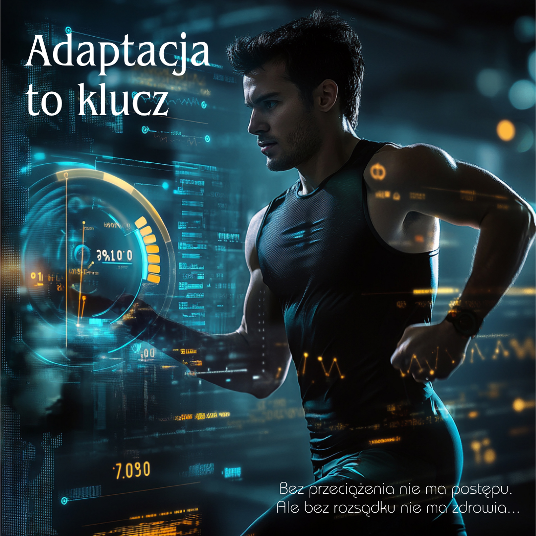 Mężczyzna w sportowym stroju biegnie na tle futurystycznych, cyfrowych wskaźników i wykresów, symbolizujących monitorowanie treningu i adaptację organizmu.