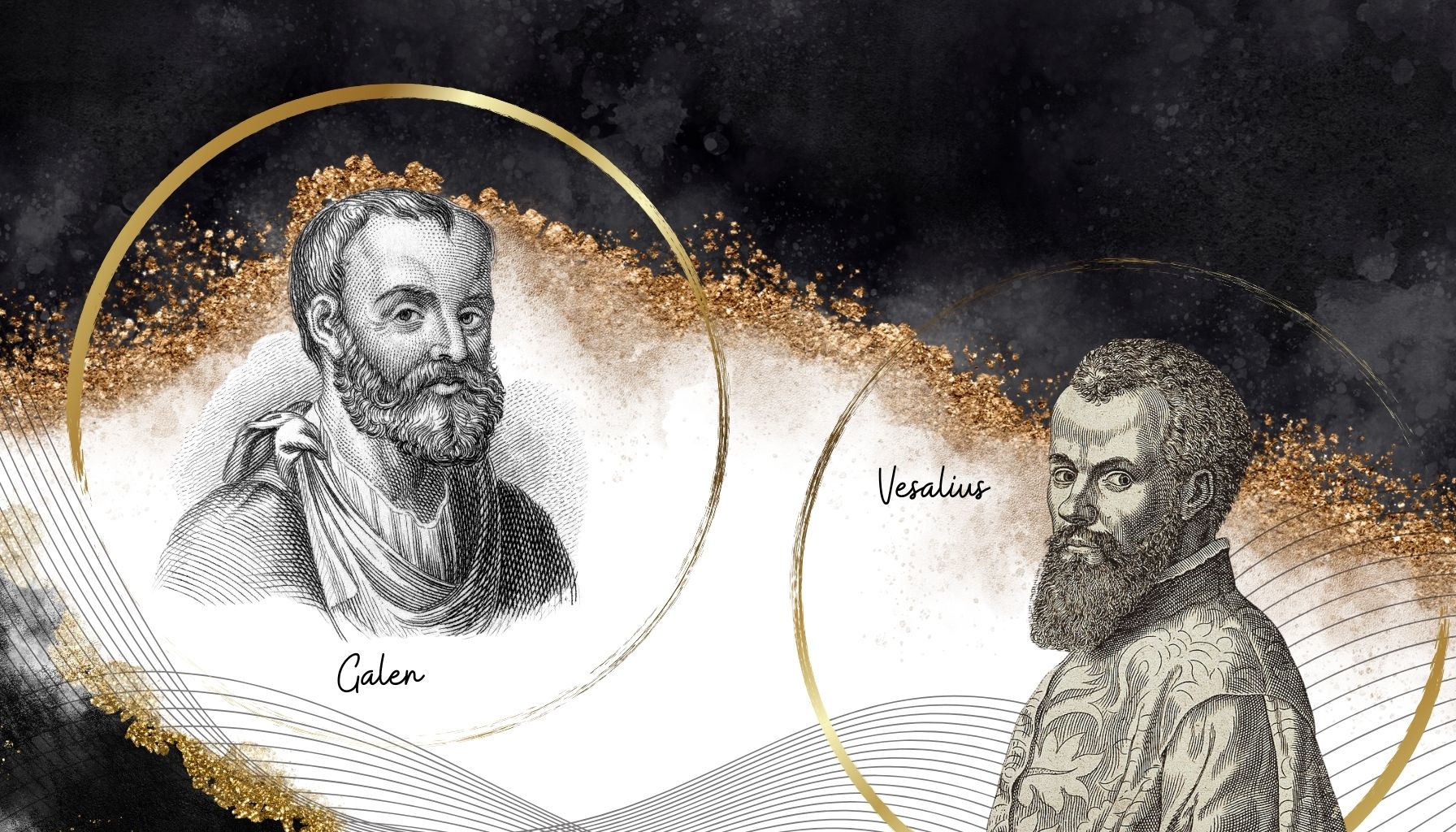 Grafika przedstawia portrety dw&oacute;ch postaci: po lewej stronie Galena, po prawej Vesaliusa. 