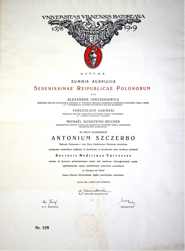 Dokument w j. łacińskim. Na g&oacute;rze napis: "Universitas Vilnensis Batoreana"