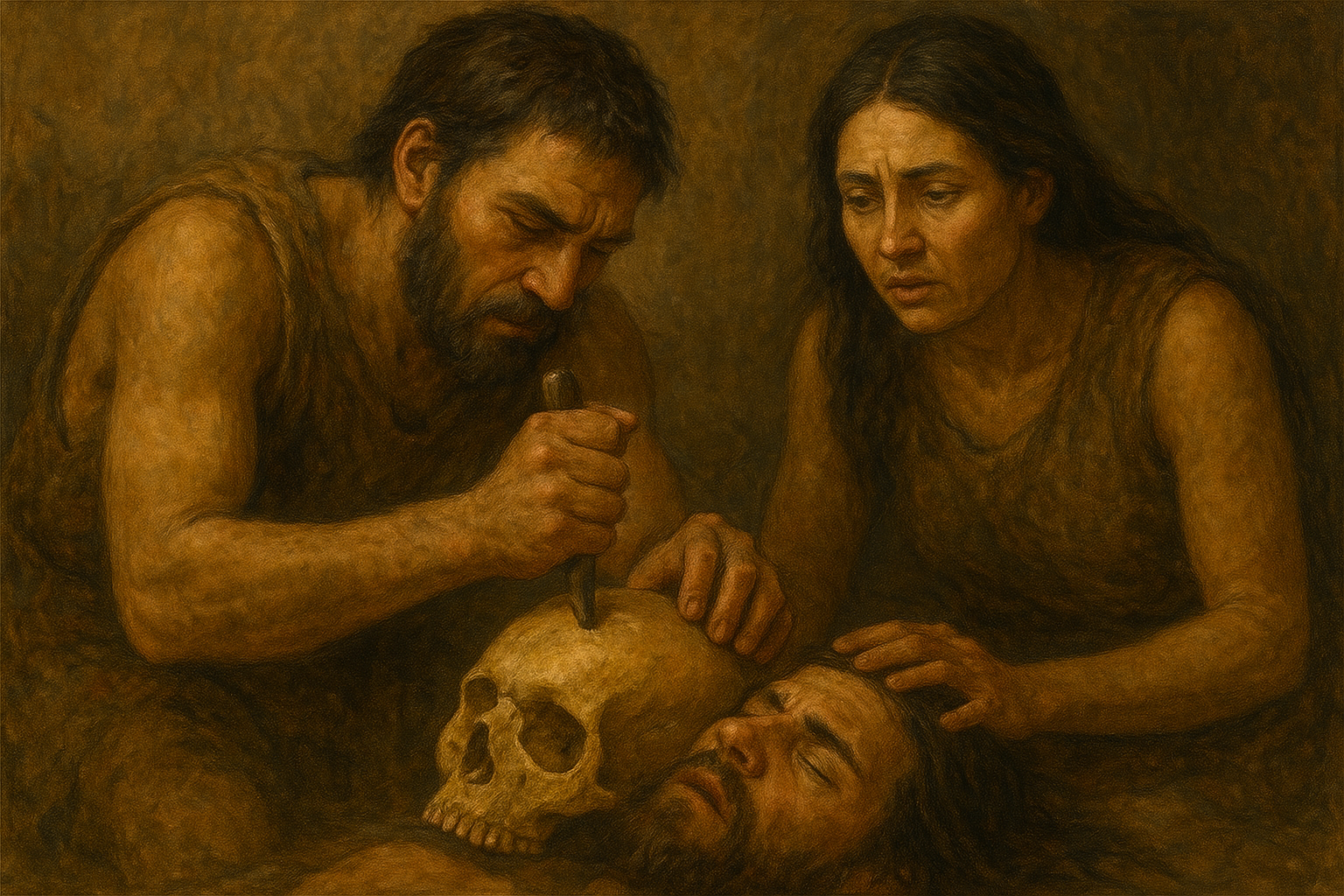 Dwie prehistoryczne postaci w sk&oacute;rach zwierząt, mężczyzna i kobieta, nachylają się nad leżącym mężczyzną z zamkniętymi oczami i czaszką, kt&oacute;ra leży obok. Prehistoryczny mężczyzna dłubie jakimś ostrym narzędziem w czasce.