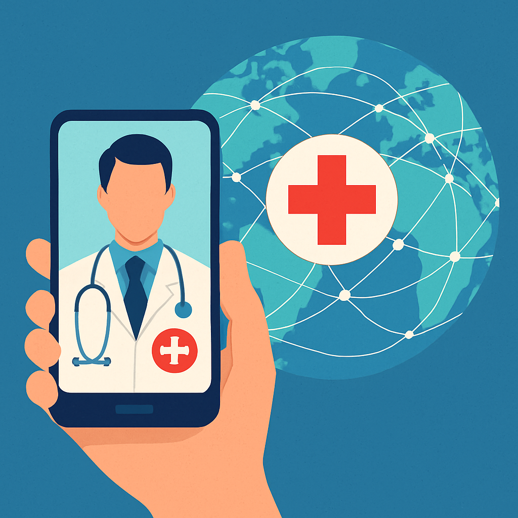 lekarz na ekranie smartfona, w tle glob z siecią połączeń i symbolem czerwonego krzyża.