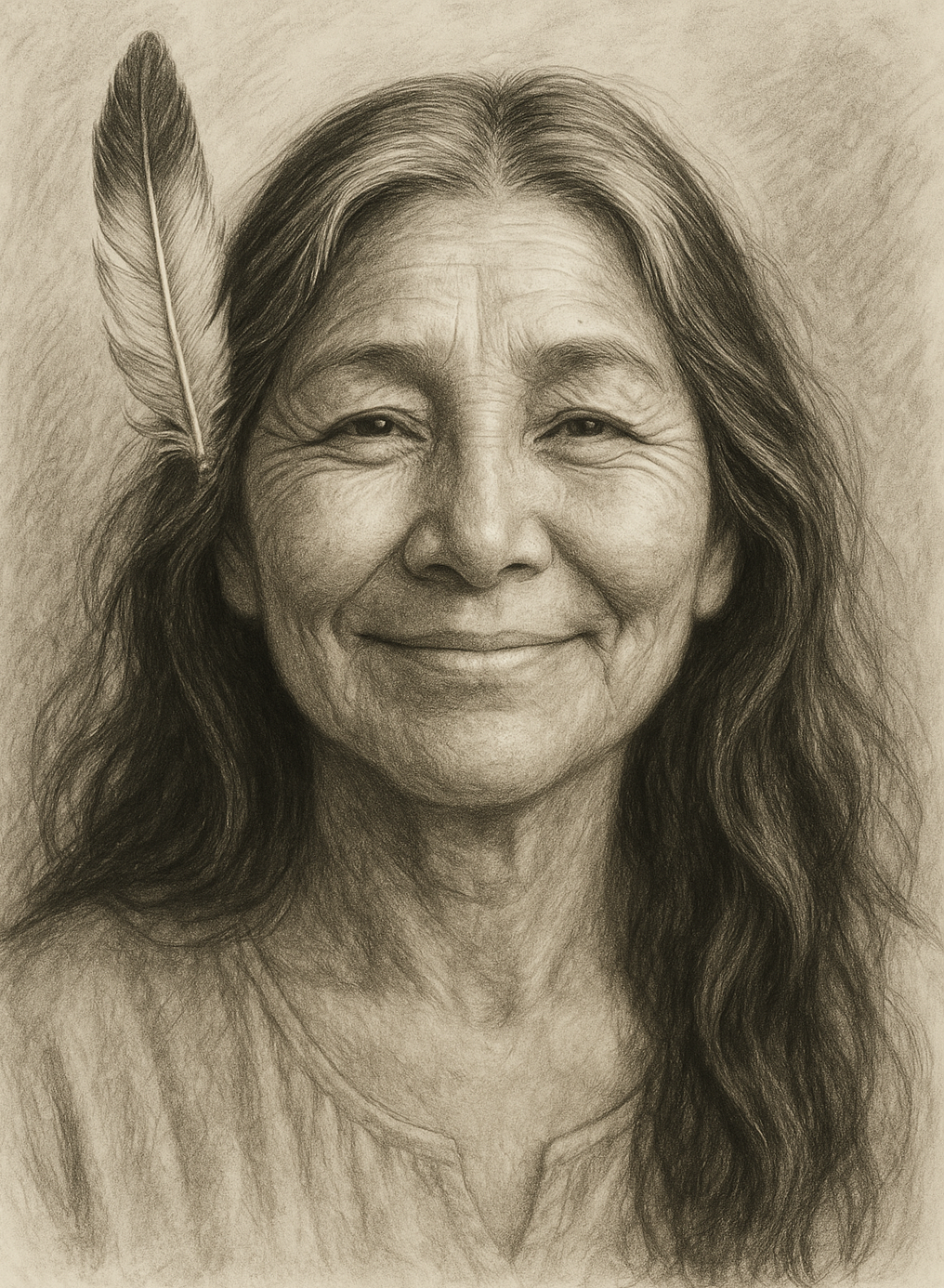 Portret uśmiechniętej starszej kobiety z pi&oacute;rem we włosach.