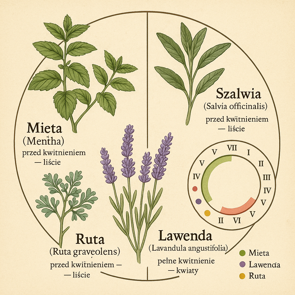 Ilustracja czterech roślin leczniczych w kole: mięta, szałwia, lawenda i ruta, z zaznaczonym kalendarzem okres&oacute;w ich zbioru.