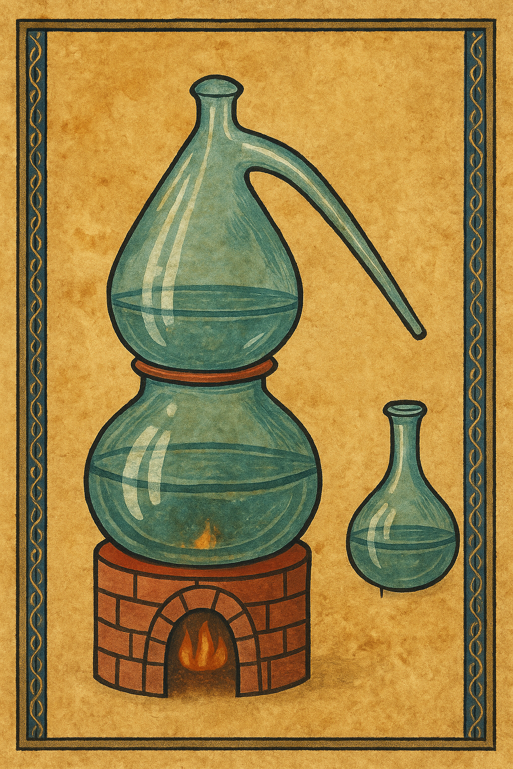 szklany destylator z kolbą, kopułą i boczną rurką na palenisku.