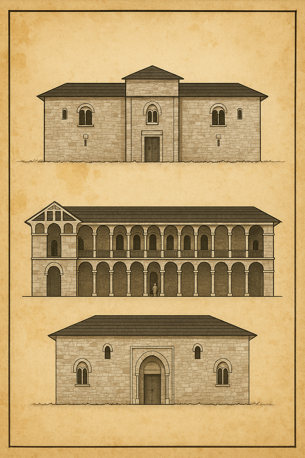 budynek z arkadami i dziedzińcem, przedstawiony w stylu akwareli i tuszu.