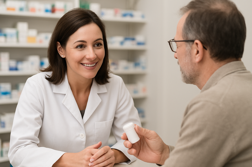 Farmaceuta rozmawia z pacjentem przy ladzie aptecznej, trzymając w dłoni opakowanie leku.